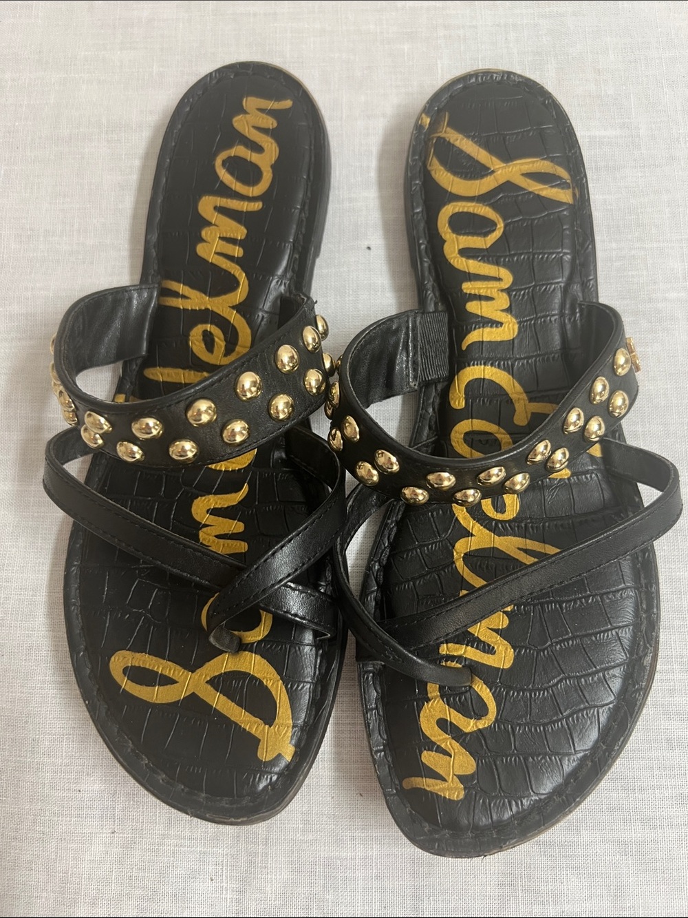 🌞 Sam Edelman Black Leather w/gold Studs Flat Slide Sandals women size 7.5